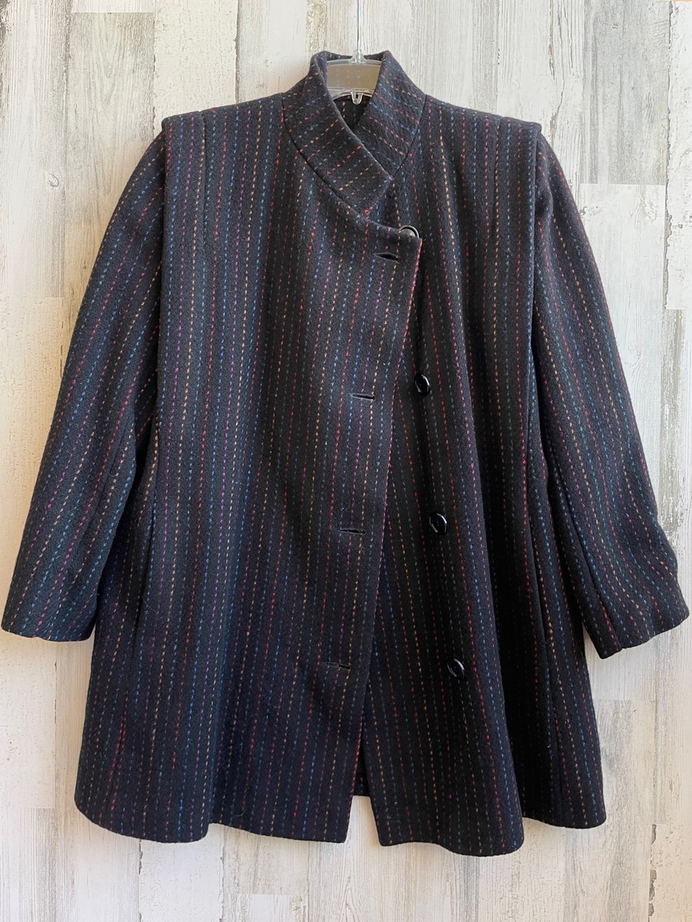 VINTAGE WOOL COAT SIZE 14 BLACK WITH MULTICOLORED THREADING MID LENGTH P… - Picture 2 of 15